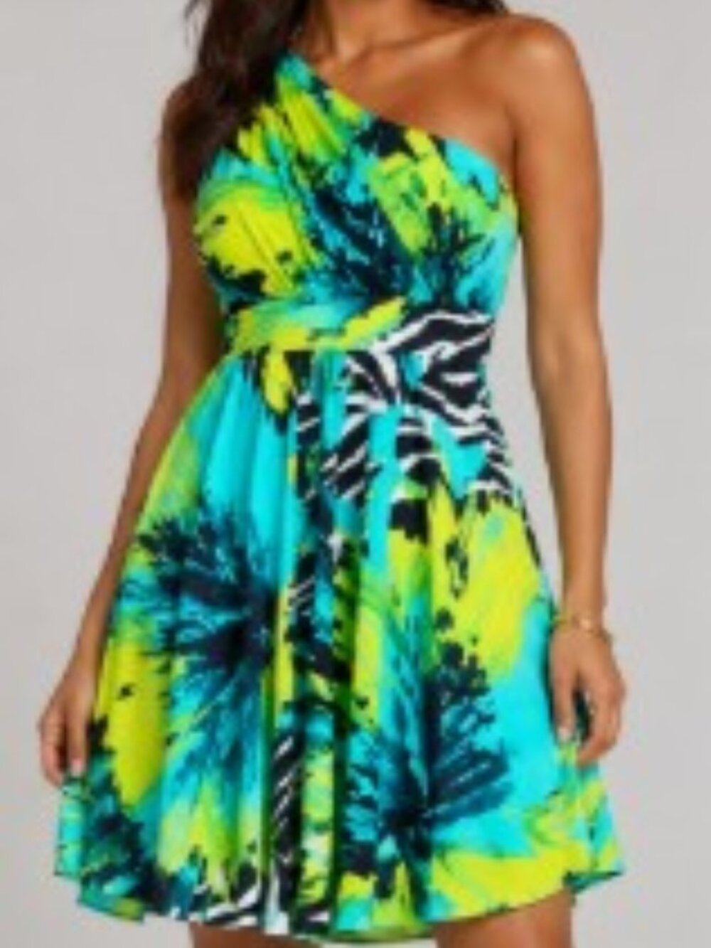 One-Shoulder Tropical Print Fit & Flare Dress Colorful Dress size M